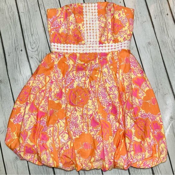 Lilly Pulitzer Strapless Regency Bubble Dress Orange Starfruit Hen House size 0 - Picture 1 of 14